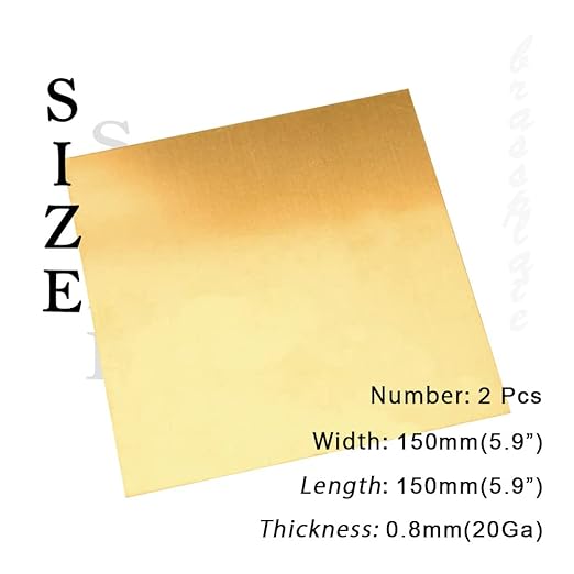 20 Gauge Brass Sheet，H62 Brass Plates Metal 0.031" Thickness x 5.9" Width x 5.9" Lenght, for Models, Crafts, Repairs, Electrical, 2Pcs
