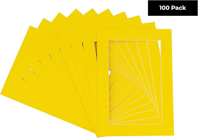 11x14 Mat for 8.5x11 Photo - Precut Yellow Picture Matboard for Frames 11 x 14 Inches - Bevel Cut Matte to Display Art 8.5 x 11 Inches - Acid Free Pack of 100 MATS with Backing Boards & Clear Bags