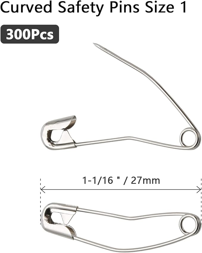 300Pcs Curved Safety Pins Size 1, 1-1/16 inch / 27mm Quilting Basting Pins, Bent Safety Pins for Quilting and Knitting (Sliver)