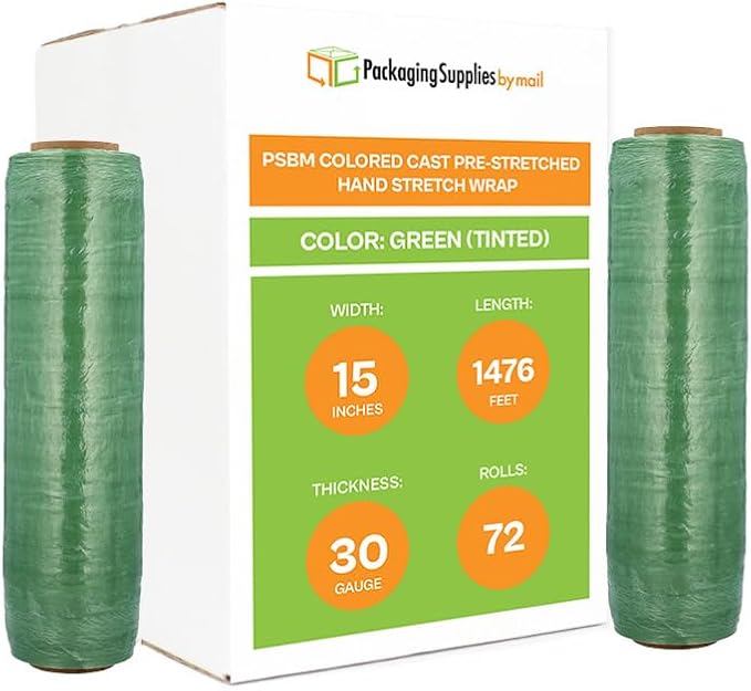PSBM Green Stretch Wrap, 15 Inch x 1476 Feet, 72 Pack, Tinted Pre-Stretched Shrink Wrap Film for Moving, Packaging, Pallet Wrapping