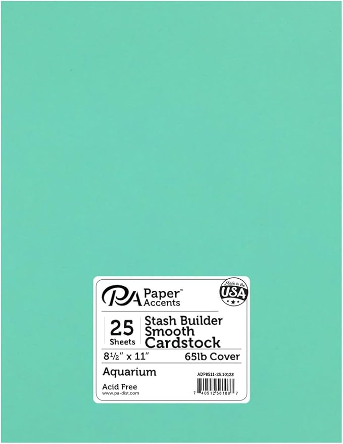 PA Paper Accents Stash Builder Cardstock 8.5" x 11" Aquarium, 65lb colored cardstock paper for card making, scrapbooking, printing, quilling and crafts, 25 piece pack
