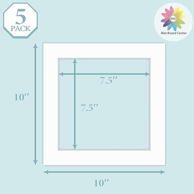 MBC Mat Board Center, 5 Pack 10x10 for 8x8 White Picture Mats Frame Mattes, Bevel Cut, Acid Free, 4-ply Thickness