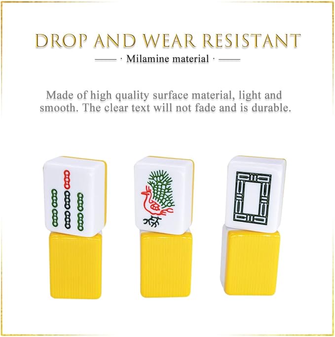 drizzle Chinese Mahjong Game Set - 146 Medium Size Tiles 1.3inch with Instructions - Professional Mah Jong Play Yellow [專業中式麻將]