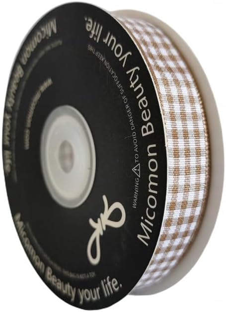 Micomon Khaki and White Woven Edge Plaid Ribbon 100% Polyester Gingham Ribbon 25 Yards Each Roll (5/8"Khaki)