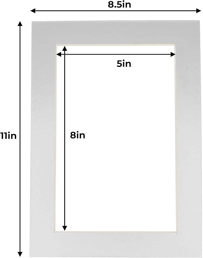 5.5x8.5 Mat for 8.5x11 Frame - Precut Mat Board Acid-Free Metallic Silver 5.5x8.5 Photo Matte for a 8.5x11 Picture Frame, Matboard for Family Photos, Show Kits, Art, Picture Framing, Pack of 100 Mats