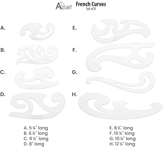 Acurit French Curve Set of 8 – Clear Plastic Drawing Templates for Sewing, Pattern Making, Drafting, Fashion Design, Architecture, Graphic Illustration – Smudge-Free Inking Edges