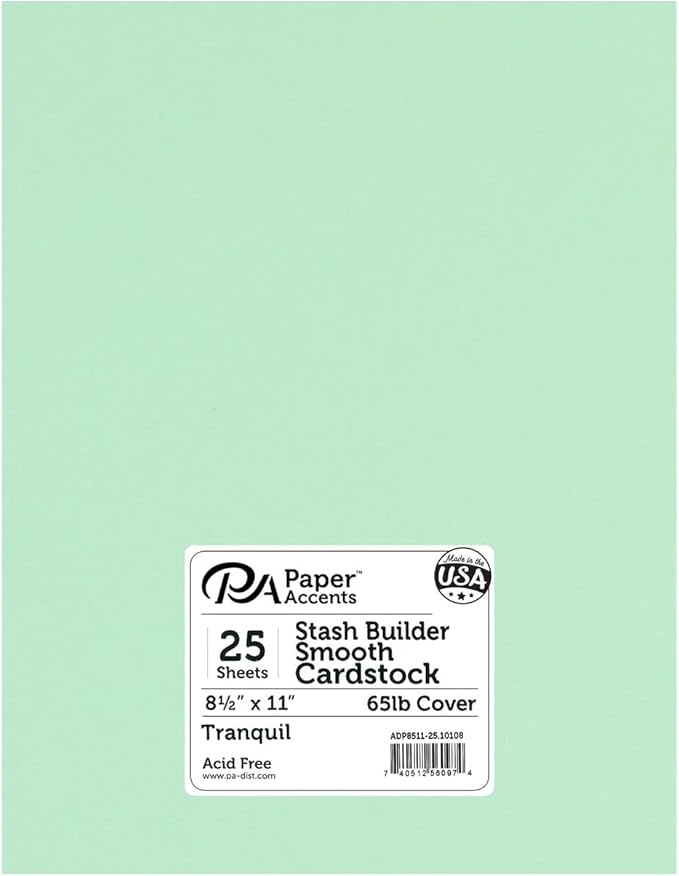 PA Paper Accents Stash Builder Cardstock 8.5" x 11" Tranquil, 65lb colored cardstock paper for card making, scrapbooking, printing, quilling and crafts, 25 piece pack