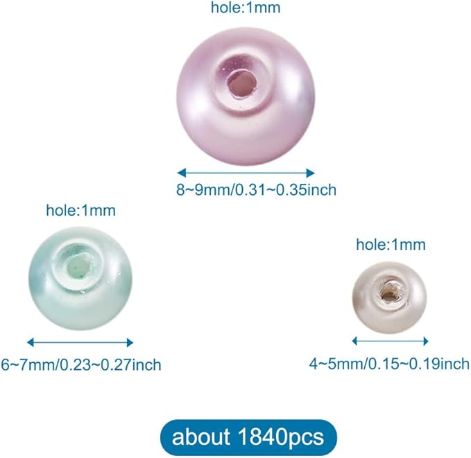 About 1840Pcs 4/6/8mm Glass Pearl Beads Pearlized Beads Multi Colors Round Spacer Beads for DIY Craft Jewelry Making Hole: 1mm, Mixed Purple & Grey & Turquoise