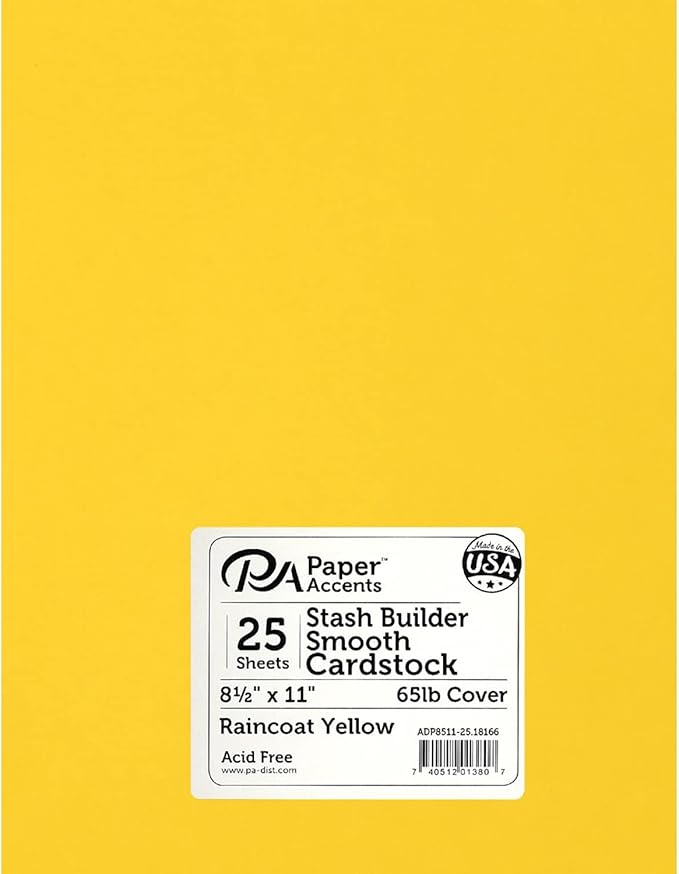 PA Paper Accents Stash Builder Cardstock 8.5" x 11" Raincoat Yellow, 65lb colored cardstock paper for card making, scrapbooking, printing, quilling and crafts, 25 piece pack