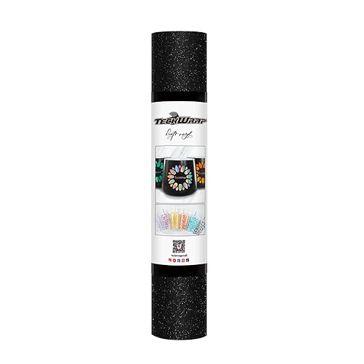 TECKWRAP Black Glitter Vinyl Permanent – Shimmer Vinyl Adhesive Vinyl Roll 1ft x 5ft, Glitter Black Vinyl for DIY Crafts Designs