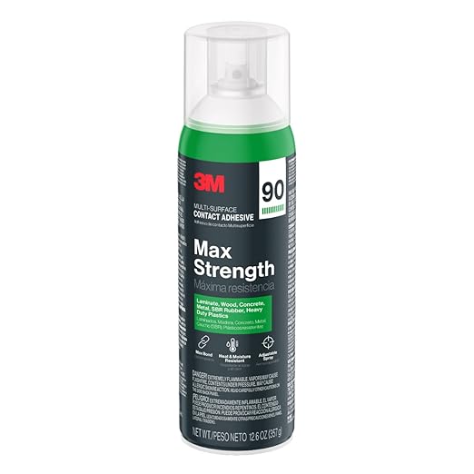 3M Max Strength 90 Contact Adhesive Spray, 12.6 oz (Pack of 6) – Low VOC Heavy Duty Glue with Adjustable Nozzle, Heat & Water Resistant Bond for Metal, Wood, Plastic, Laminate, Concrete