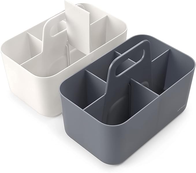 ARTEZA Storage Caddy Pack of 2, Gray and Ivory, 5-Compartment Plastic Caddy Organizer with Easy-to-Remove Divider Partition
