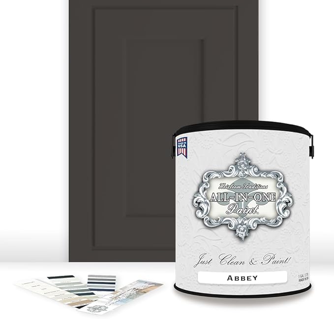 ALL-IN-ONE Paint, Durable cabinet and furniture paint. Built in primer and top coat, no sanding needed. Includes our 30 featured color card - Abbey (warm gray), Gallon