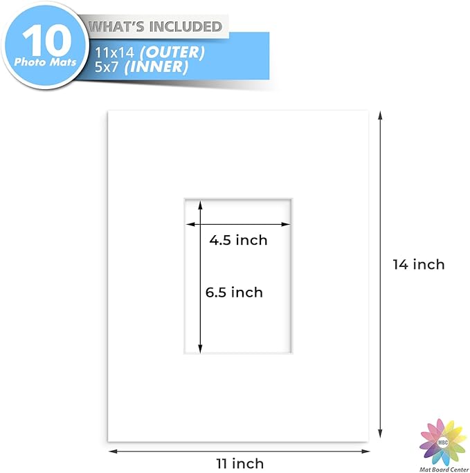 MBC Mat Board Center, 10 Pack 11x14 for 5x7 White Picture Mats Frame Mattes, Bevel Cut, Acid Free, 4-ply Thickness