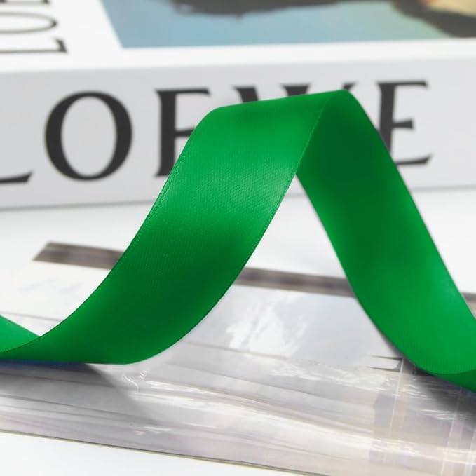 1 Inch 100 Yards Satin Ribbon Green, Solid Color Fabric Ribbon for Gift Wrapping, Wedding, Polyester Gift Ribbon for Birthday Party Decoration, Craft, Hair, Floral, Sewing