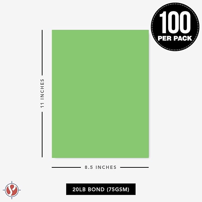 8.5 x 11" Lime Green Color Paper Smooth, for School, Office & Home Supplies, Holiday Crafting, Arts & Crafts | Acid & Lignin Free | Regular 20lb Paper - 100 Sheets