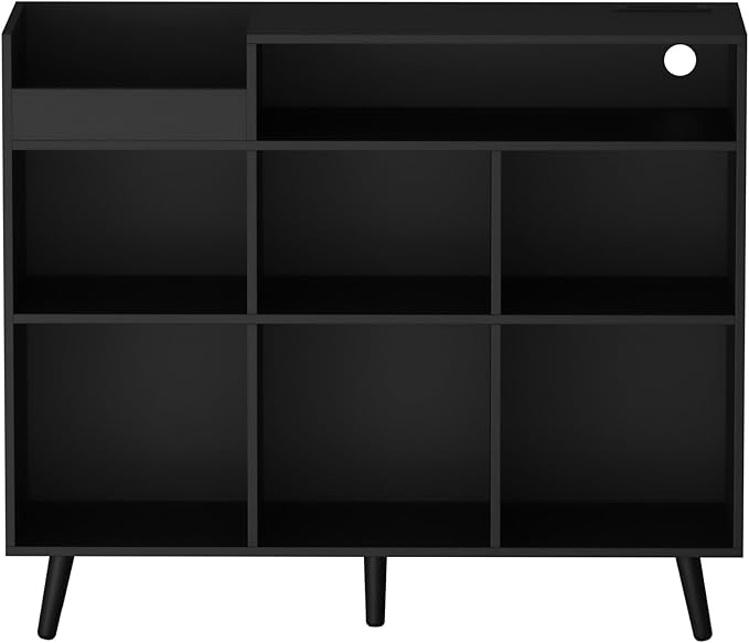 Cozy Castle Large Record Player Stand, Vinyl Storage Cabinet Mid Century Modern Turntable Stand Media Console Table Open Shelf Cube CD Album Holder Organizer for Living Room, Office, Black