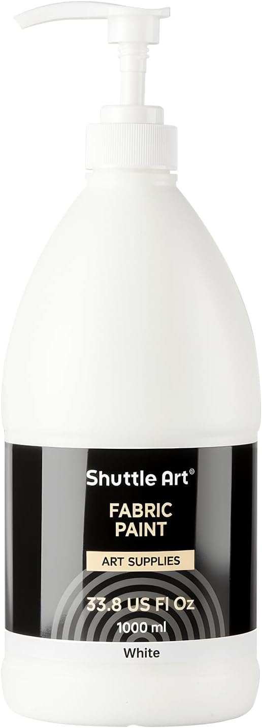Shuttle Art White Fabric Paint, 33.8 oz(1000 ml) Large Bottle with Pump, Permanent Fabric Paint for Furniture, Sofa, Cushions, Clothes, Soft Non-Toxic Textile Paint for Color Changing, Renewal & Art Creations