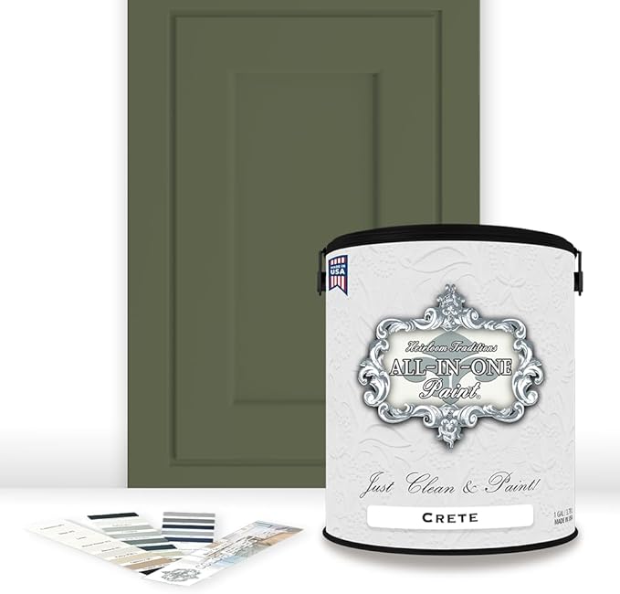 ALL-IN-ONE Paint, Durable cabinet and furniture paint. Built in primer and top coat, no sanding needed. Includes our 30 featured color card - Crete (olive green), Gallon