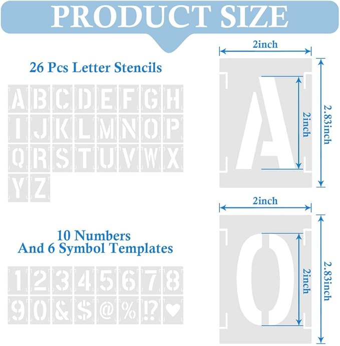 2 Inch 42 Pcs Reusable Letter Number Symbol Stencils, Plastic Painting Templates for Wood Wall Fabric Rock Chalkboard Signage School Door Porch DIY Art Craft Decoration Projects
