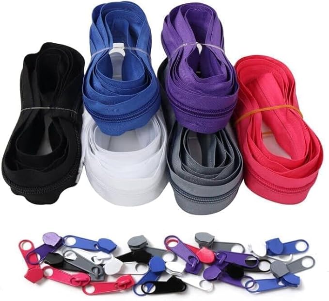 DOITEM 13 Yards 6 Pieces #5 Zippers Assorted Nylon Zipper Nylon Coil Zippers Colorful Sewing Zipper 24 Plastic Sliders for Sewing Supplies
