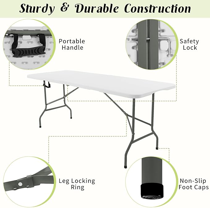 8 FT Folding Tables White Foldable Table, Fold-in-Half with Carrying Handle Portable Plastic Rectangular Table for Party, Dining, Wedding, Camping, Picnic, Indoor Outdoor Events
