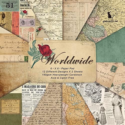 Scrapbook Paper Pad 6x6 Antique Maps Designs, Single-Sided Decoupage Sheets, Colorful Cardstock for Scrapbooking, DIY Background, Cardmaking, Junk Journal Crafts – 24 Pcs