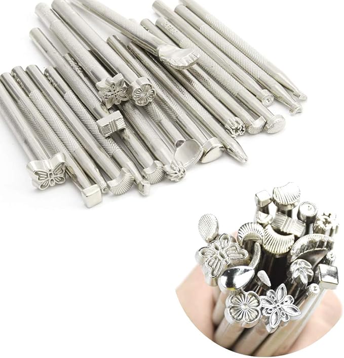 65PCS Leather Stamping Tool Leather Carving Working Saddle Making Tools DIY Leather Craft Stamps Set DIY Hammer Swivel Knife with Leathercraft Metal Letter and Number Stamps Punch