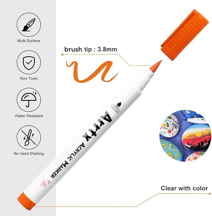 Arrtx Acrylic Paint Pens, 58 Colors for Rock Painting, Extra Brush Tip, Water Based Paint Markers for Stone, Glass, Easter Egg, Wood and Fabric Painting-No Toxic,No Odor-Type 30A+B
