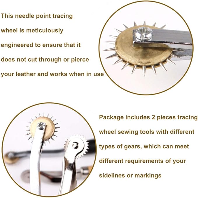LUNARM 2 PCS Tracing Wheel - Professional Stitch Marking Spacer, 4mm and 2mm Leather Needle Point Tracing Wheel with Wooden Handle for Arts and Leather Crafts
