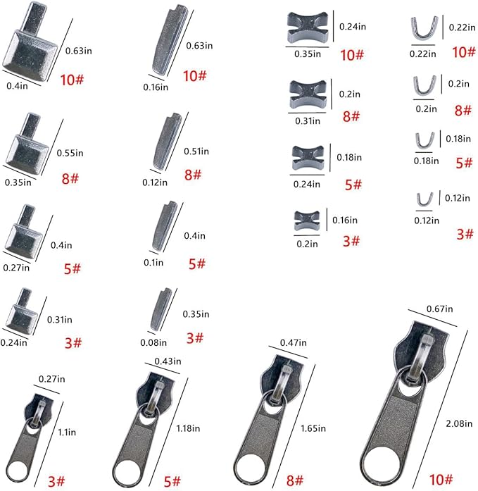 Platinum 48-Piece Metal Zipper Repair Accessories Set - DIY Sewing Kit with Zipper Head Slider, Retainer Box, Insert Pin, Top & Bottom Stoppers for 3# 5# 8# 10# Zippers