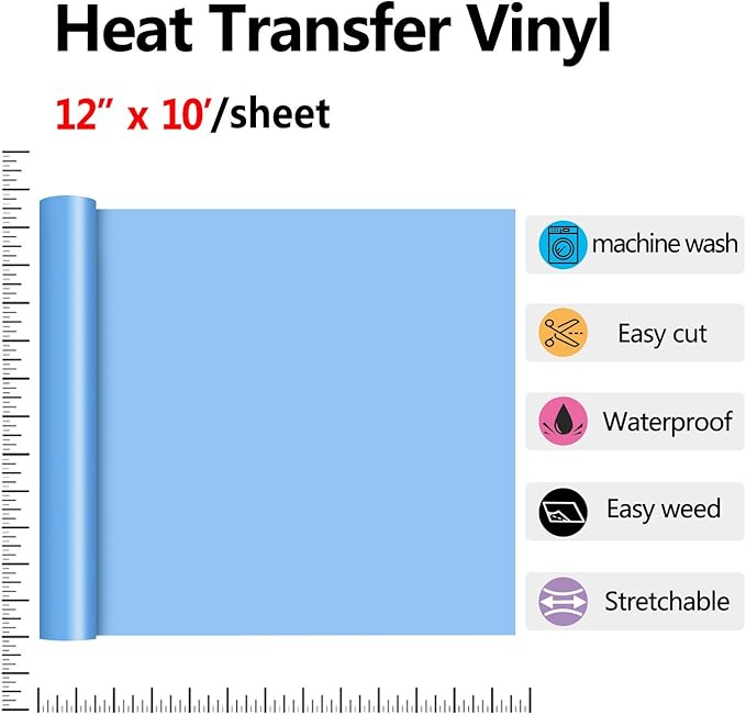 RENLITONG Sky Blue HTV Iron on Vinyl 12Inch by 10ft Roll Heat Transfer Vinyl for T-Shirt HTV Rolls for All Cutter Machine - Easy to Cut & Weed for Heat Transfer Design