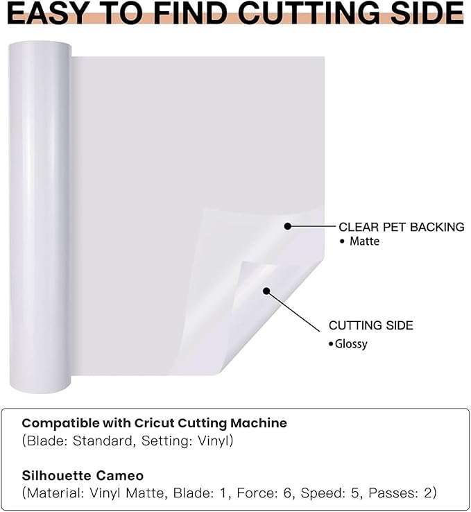 HTVRONT White Permanent Vinyl, 12" x 40 FT White Adhesive Vinyl Roll Compatible with Cricut Cutting Machine, Silhouette, Cameo Cutters, Signs, Scrapbooking, Craft, Die Cutters (Glossy White)