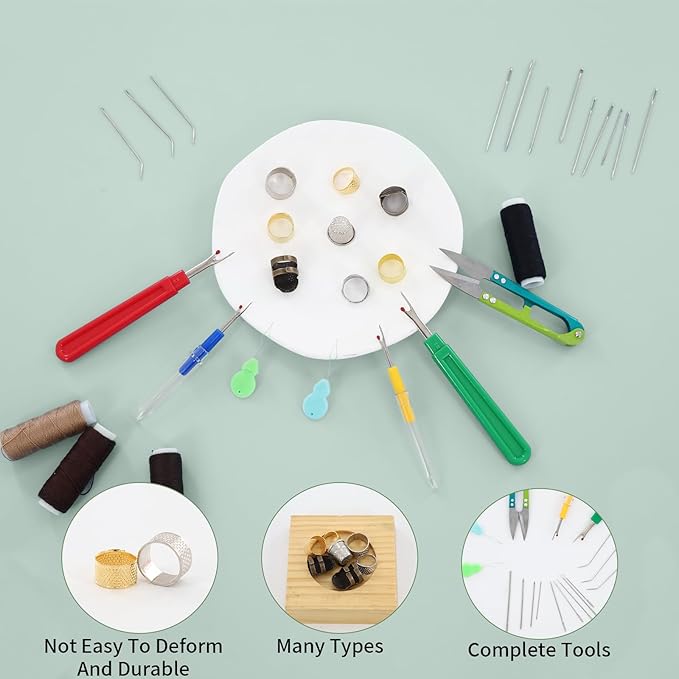 Thimbles for Hand Sewing, Cross Stitch Supplies, Embroidery Thimble, Sashiko Finger Protectors, Quilting Thumb Protector Pads, Includes Thimble, Seam Ripper, Thread and Thread Snips, Etc.