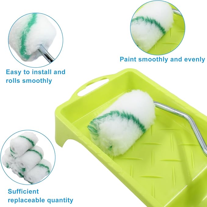 Litoexpe 2 Inch Paint Roller, Mini Paint Roller Kit (Including 6 Ultra-fine Fiber Roller Covers, 1 Paint Tray, and 1 Roller Frame), Touch Up Small Paint Roller for Painting Wall, Door (Green)