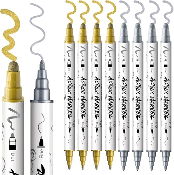 TRANSON 4 Silver and 4 Gold Paint Markers Bold and Fine Dual-tip Acrylic Paint Marker Set for Rock Painting Glass Canvas Wood Leather Ceramic Painting