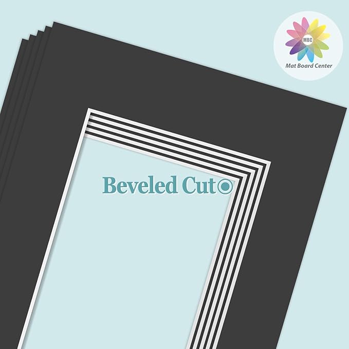 MBC Mat Board Center, 5 Pack 9X12 for 6X8 Black Picture Mats Frame Mattes, Bevel Cut, Acid Free, 4-Ply Thickness