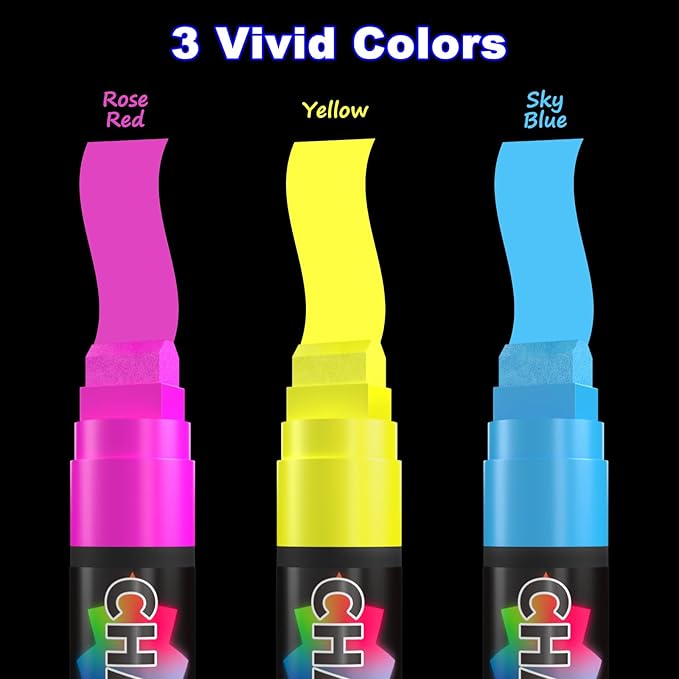 FansArriche Jumbo Window Markers, 3 Pack 15mm Neon Chalk Pens, Liquid Chalk Bright Car Marker, Chalkboard Markers for Windows, Blackboard, Glass, Signs, 3-in-1 Nib