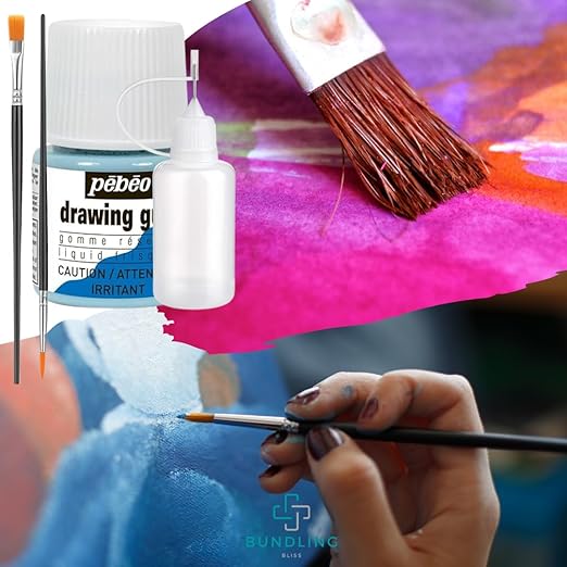 Pebeo Drawing Gum Masking Fluid 45ml – Quick-Dry, Easy-Peel for Watercolor & Painting – Includes Bundling Bliss Applicator Tip & Brushes (3-Piece Set)