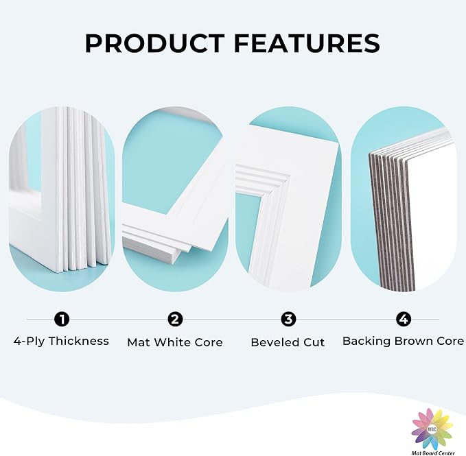 Mat Board Center, Pack of 50, 11x14 for 8x10 White Picture Mat Sets - Acid Free, 4-ply Thickness, Bevel Pre-Cut White Core - Includes Backing Boards and Clear Bags - for Pictures, Photos, Framing