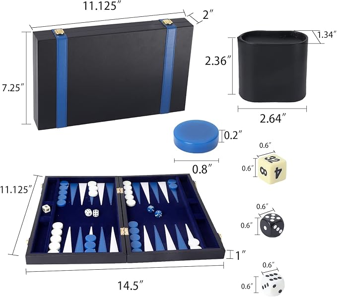GSE Games & Sports Expert Premium Leather Backgammon Board Game Set, Classic Backgammon Game Set with Leather Case, Travel Folding Board Game (Black&Blue, Small)