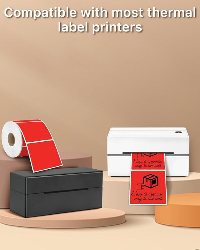 iEager Red Square Thermal Label Stickers, 3" x 3" Self-Adhesive Square Direct Thermal Labels with Perforation Line, 500 Sheets/Roll