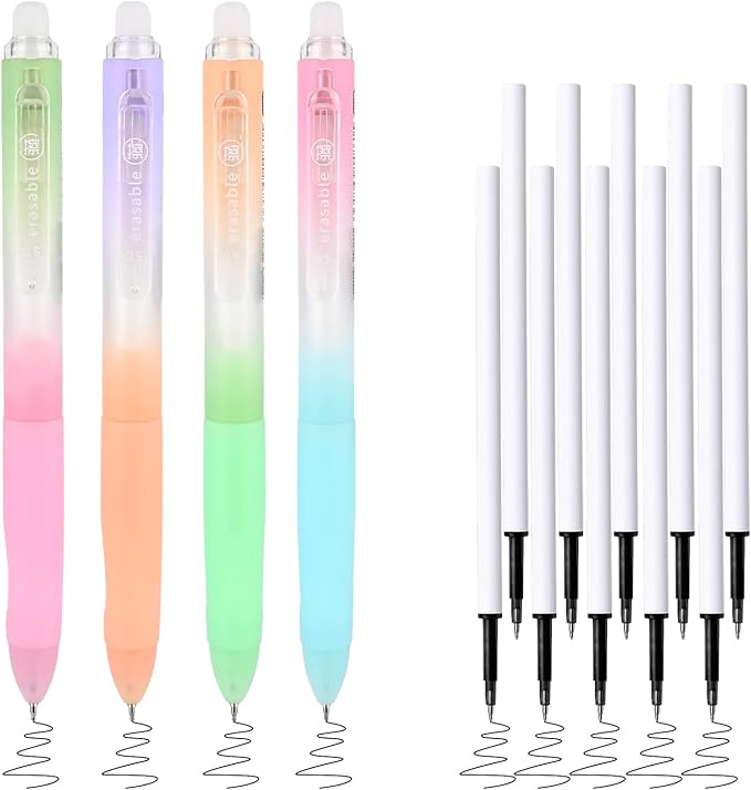 Temiary 4 Pcs Erasable Gel Pens & 10 Pcs Refills, Retractable Ink Pen with Eraser Clear, 0.5mm Fine Point Smooth Writing Make Mistakes Disappear for Crossword Puzzles Note Taking (Black Ink)