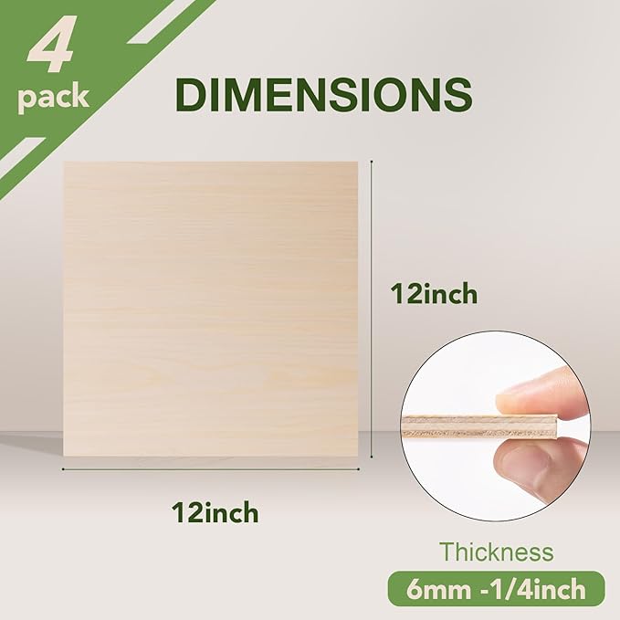 4 Pack Maple Plywood Sheets, 12 x 12 x 1/4 Inch, 6mm Plywood for Laser Cutting, Thin Unfinished Wood Sheets for Architectural Models, Wood Burning and DIY Crafts