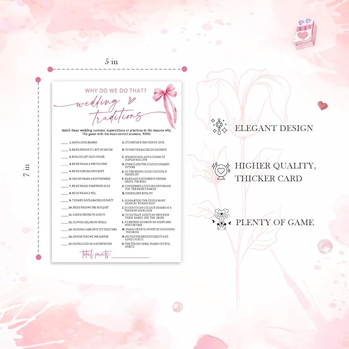 Bridal Shower Games Cards, Wedding Traditions Why Do We Do That, 25 Cards with 1 Answer Card, Engagement Party Games for Guests, Pink Ribbon Bow Wedding Party Supplies - E08