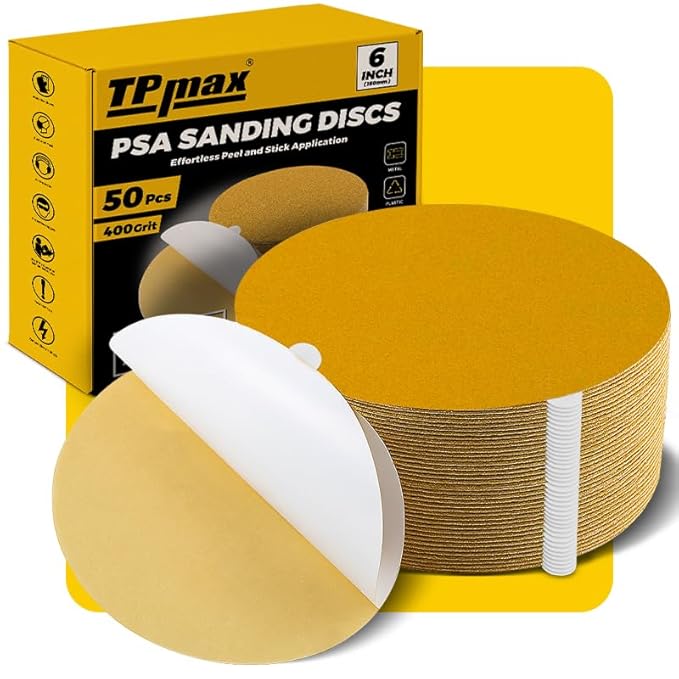 6-Inch 400-Grit Gold PSA Sanding Discs, 50 Pack – Pro-Grade Self-Adhesive Stickyback Sandpaper with Quick-Release Tabs for DA Sander, Superfine Automotive/Wood/Metal Sanding