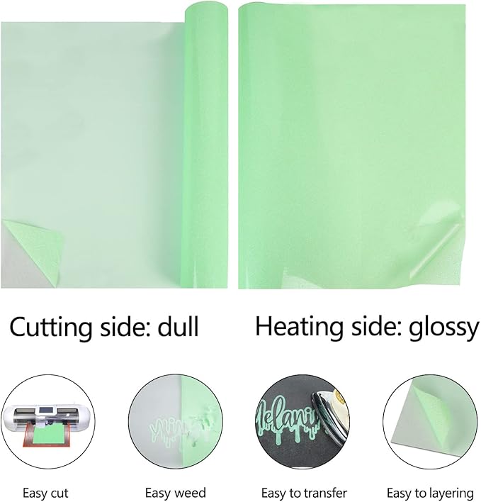 guangyintong Glow Glitter Light Green Heat Transfer Vinyl HTV Rolls, 12" x 8ft Iron on Vinyl for T-Shirts, Glitter HTV Vinyl for All Cutter Machines Easy to Cut & Weed for DIY Design