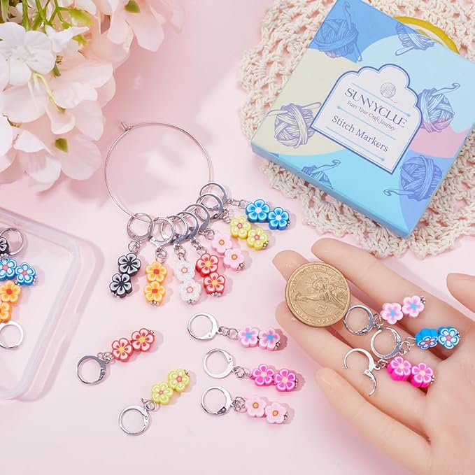 SUNNYCLUE 1 Box 20Pcs Knitting Stitch Markers Polymer Clay Flower Beads Cute Charms Removable Locking Crochet Marker Clip on Crocheting Charms for Sewing Weaving Knitting Yarns DIY Craft Supplies