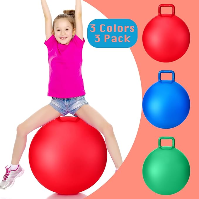 Lewtemi 3 Pcs 20 Inch Bouncing Ball with Handle, Outdoors Hopper Jumping Hopping Ball and Air Pump for Sports Exercise (Red, Blue, Green)