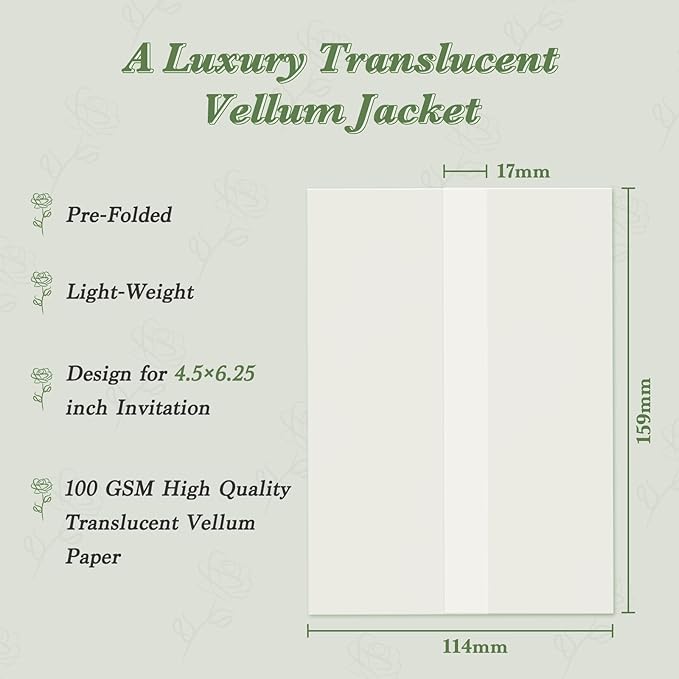 60 Pack Pre-Folded Vellum Jackets for 4.5x6.25 Invitations, Translucent Vellum Paper 4.5x6.25 Jackets, 100GSM Wedding Invitations Wraps, Envelope Liners for Birthdays, Baby Showers